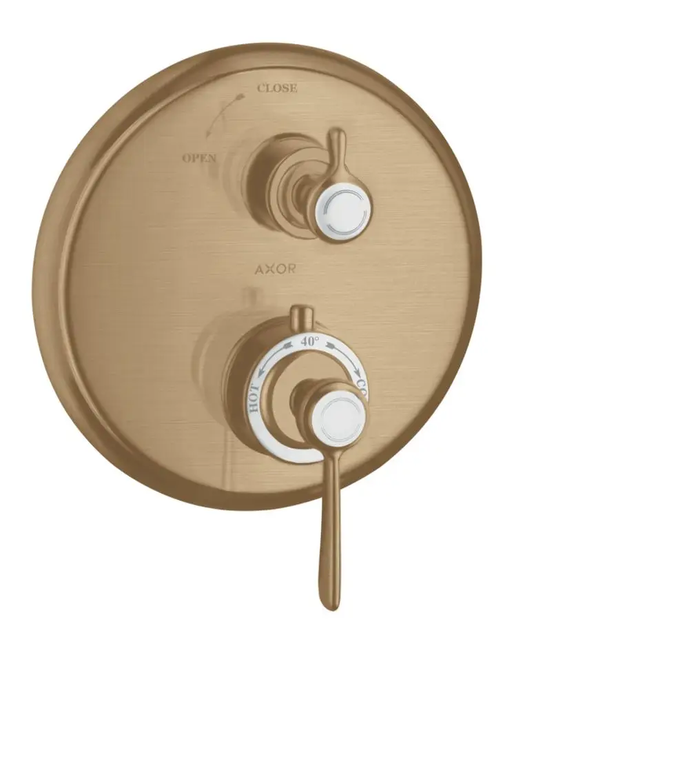 Thermostat mit Hebelgriff und Absperrventil in brushed bronze von AXOR, bestehend aus zwei Bedienungselementen zur Temperatur- und Wasserregulierung.